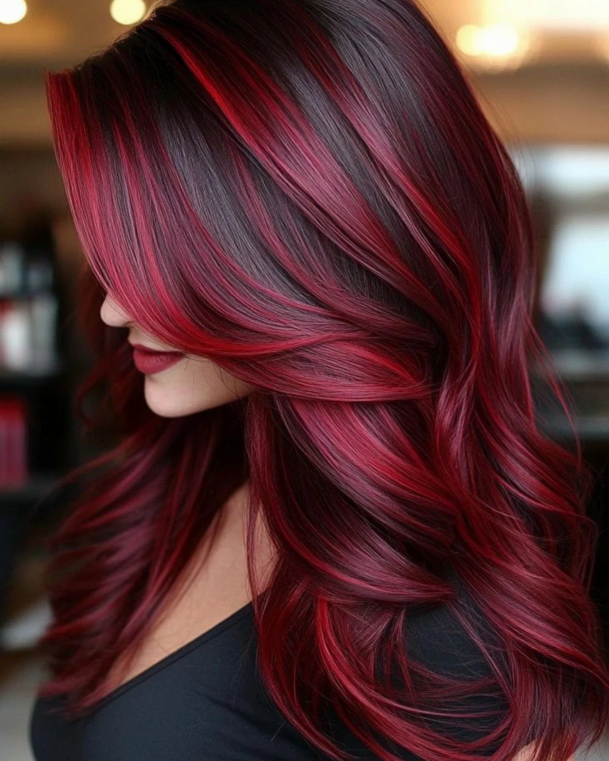 Long dark hair with chunky vivid red ribbons curled over the shoulders