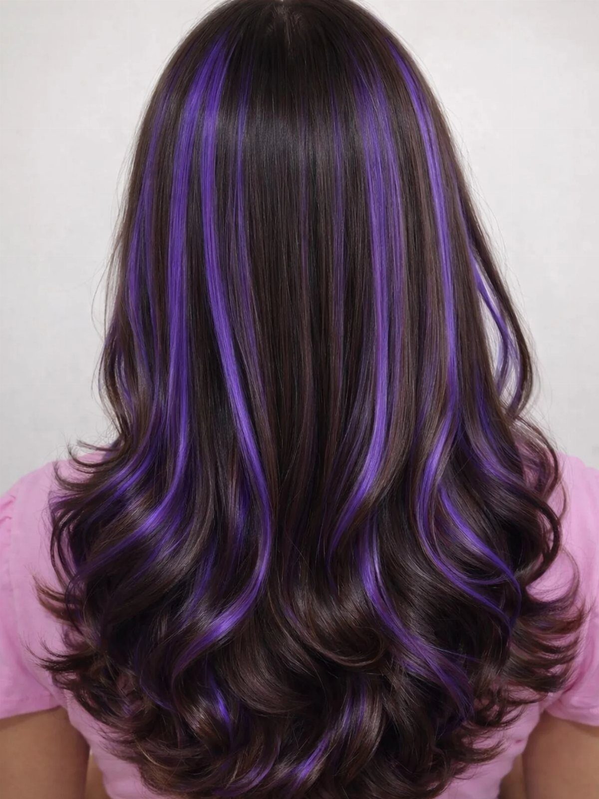 Dark brown hair with vivid purple highlights and curled ends