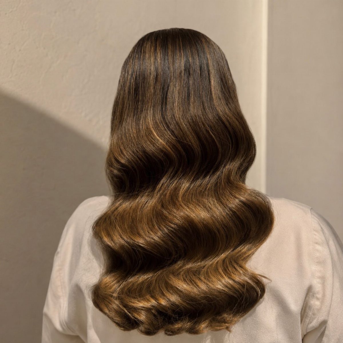 Wavy brunette hair with subtle walnut and warm nutmeg-colored ribbons