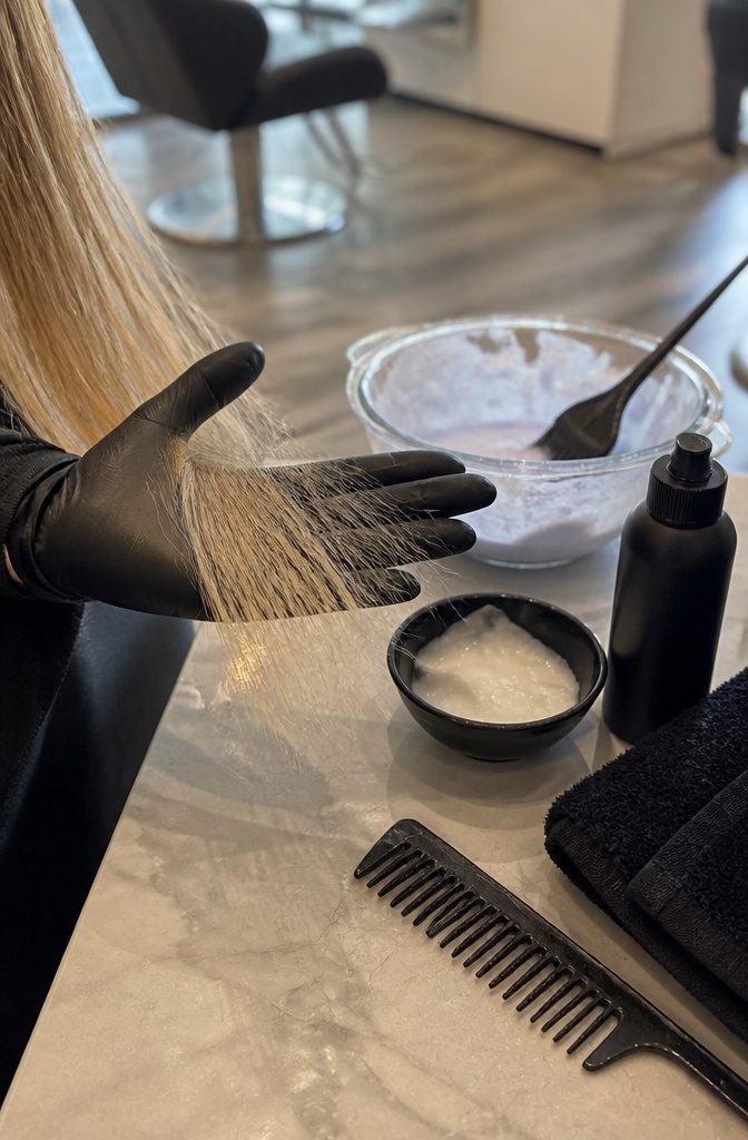 Blonde hair section over a gloved hand beside a bowl and tint brush