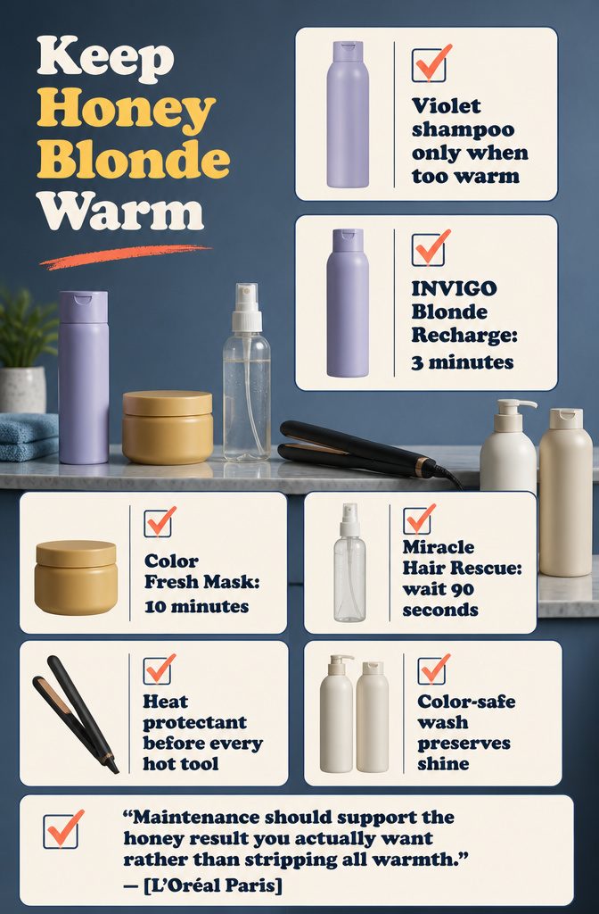 Honey blonde upkeep guide listing violet shampoo and other care steps