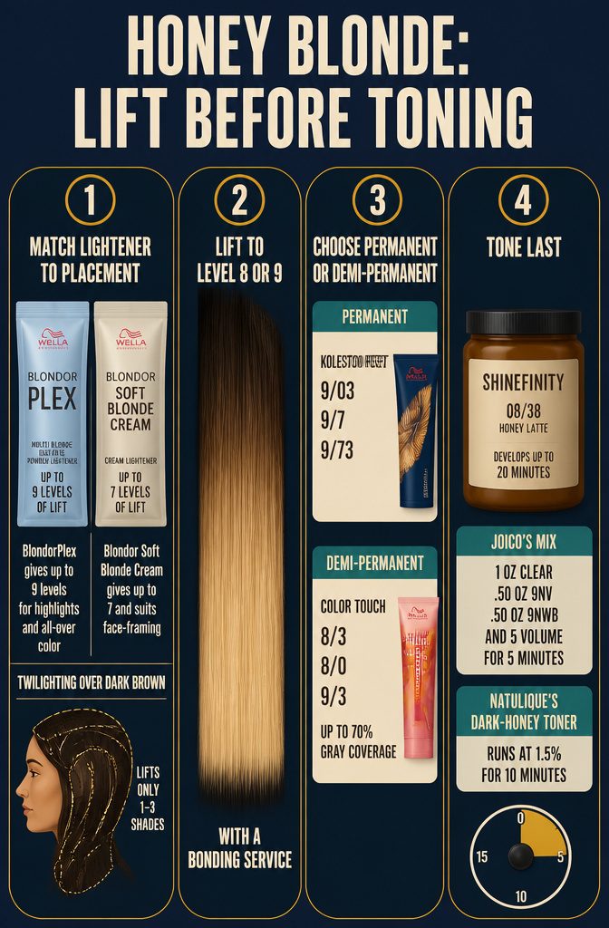 Honey blonde lightening guide with four numbered steps and product formulas