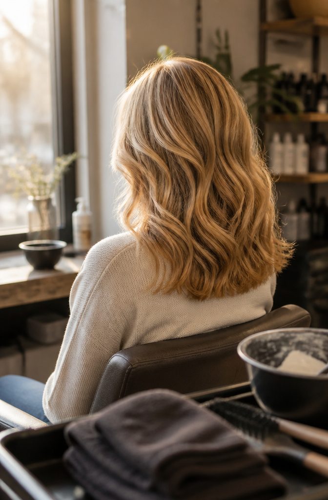 Honey blonde hair with ribbons of gold and amber