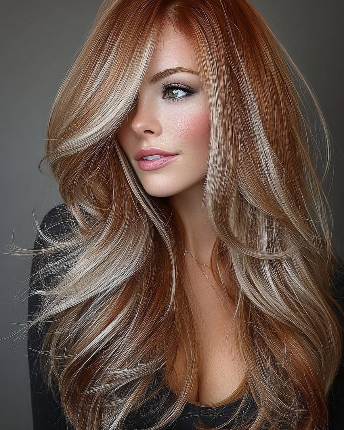 Woman with long wavy copper honey blonde hair and lighter highlights