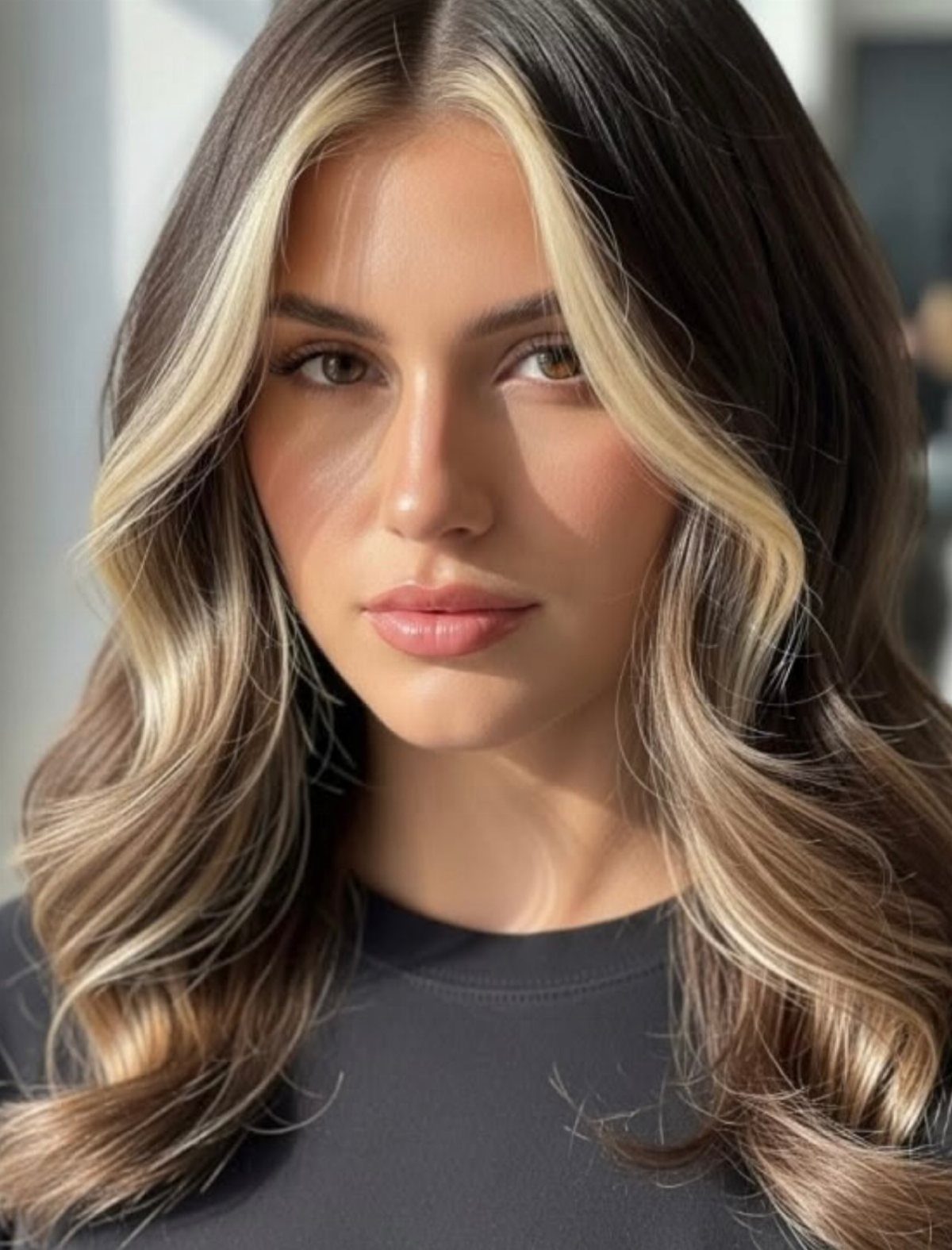 Woman with dark roots and platinum-blonde honey money pieces framing her face