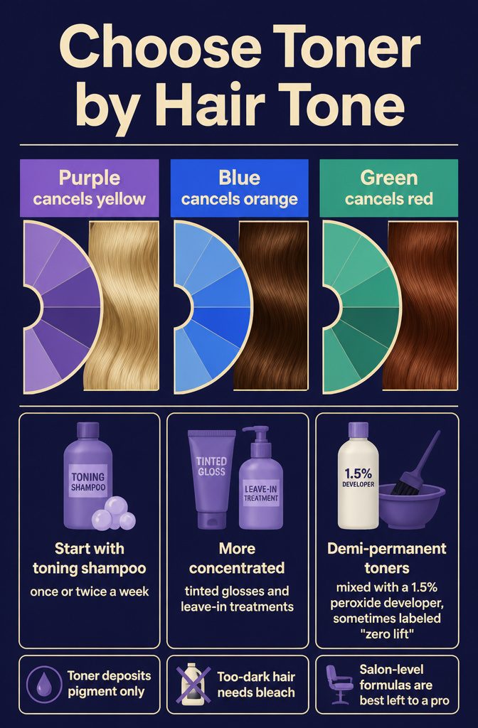 Purple blue and green toner swatches arranged beside blonde brown and reddish brown hair