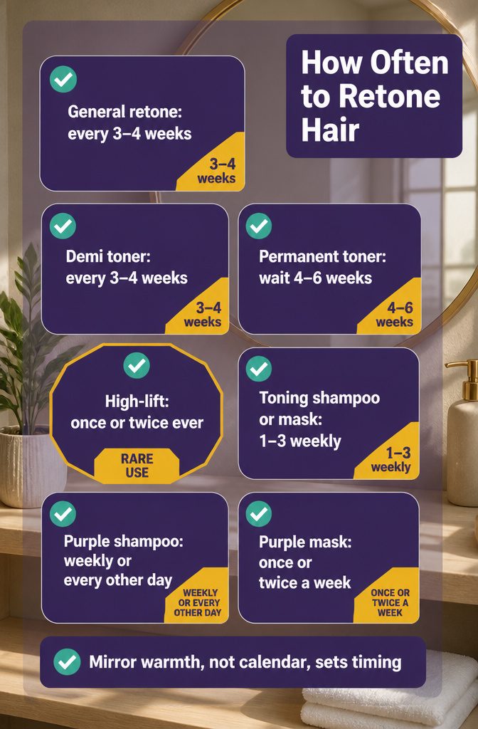 Hair toning schedule chart with product types and repeat application intervals