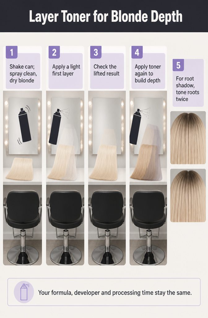 Blonde hair toner layering diagram showing two application passes and a root shadow