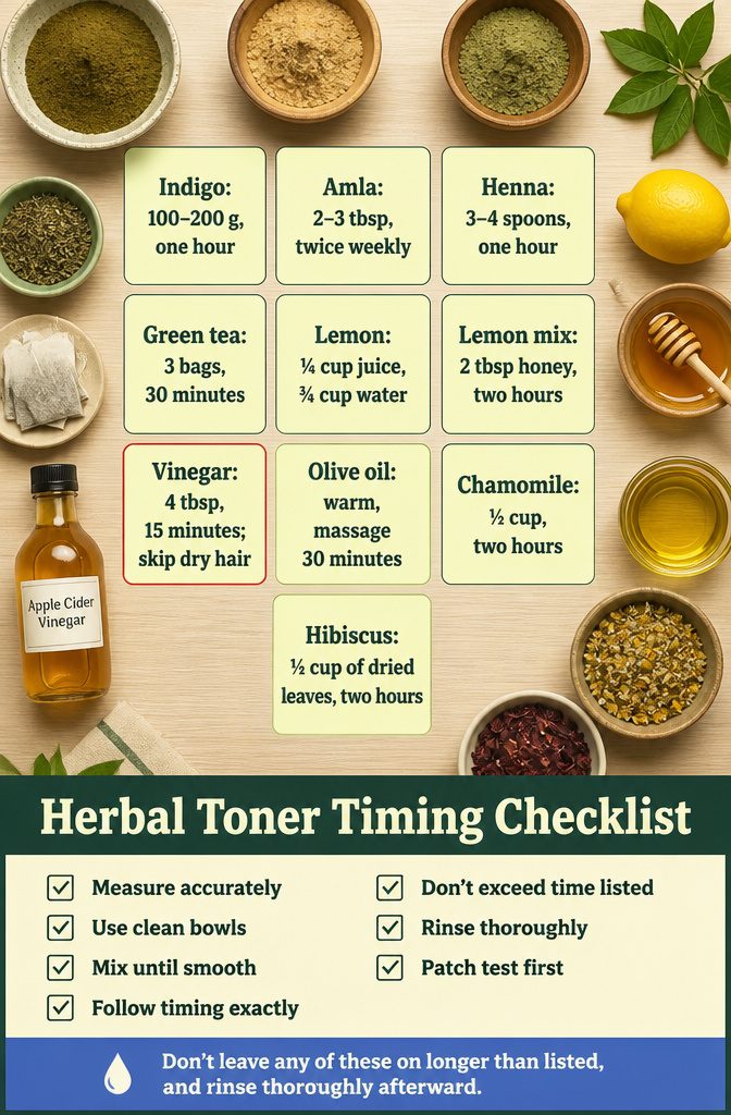 Herbal toner timing checklist with ingredient names and preparation notes
