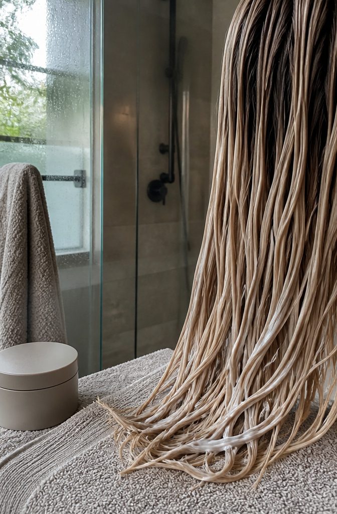 Water rinsing shampoo from hair beside toned strands with conditioner over a towel