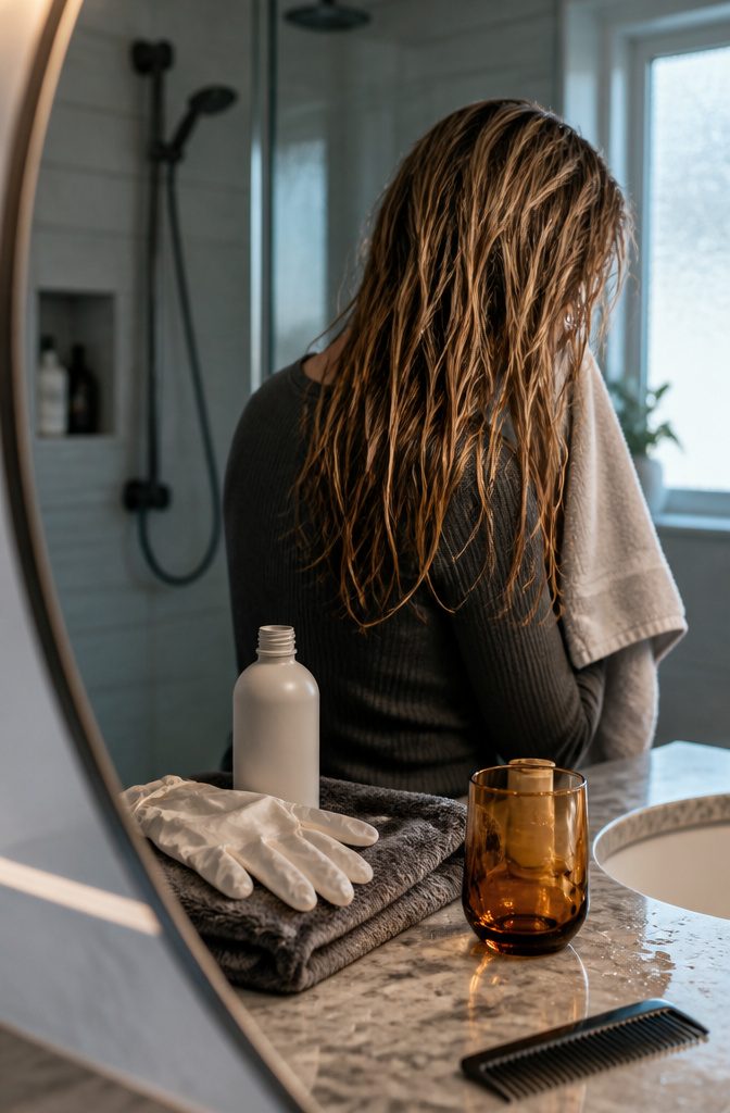 Damp hair sections beside gloves a toner bottle and a folded towel