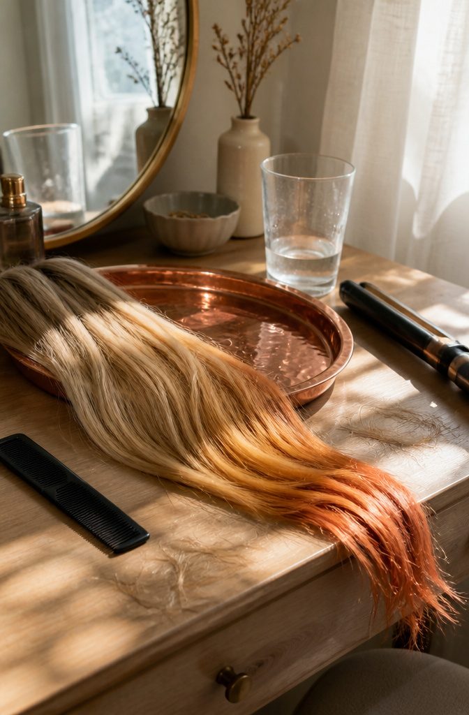 Lightened hair showing pale blonde roots and yellow orange and faint red lengths