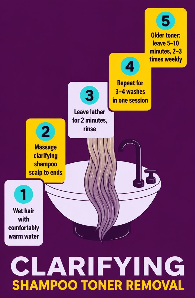 Hands massaging clarifying shampoo through wet hair in a shower