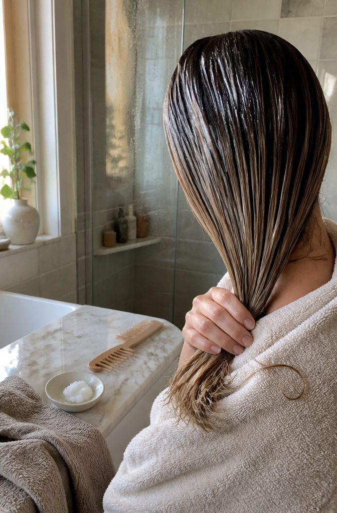 Damp hair coated with glossy deep conditioner from mid-lengths to ends