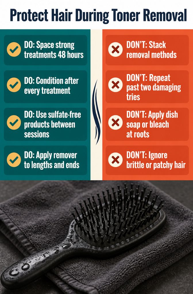 Hair care products for toner removal arranged beside a deep conditioner