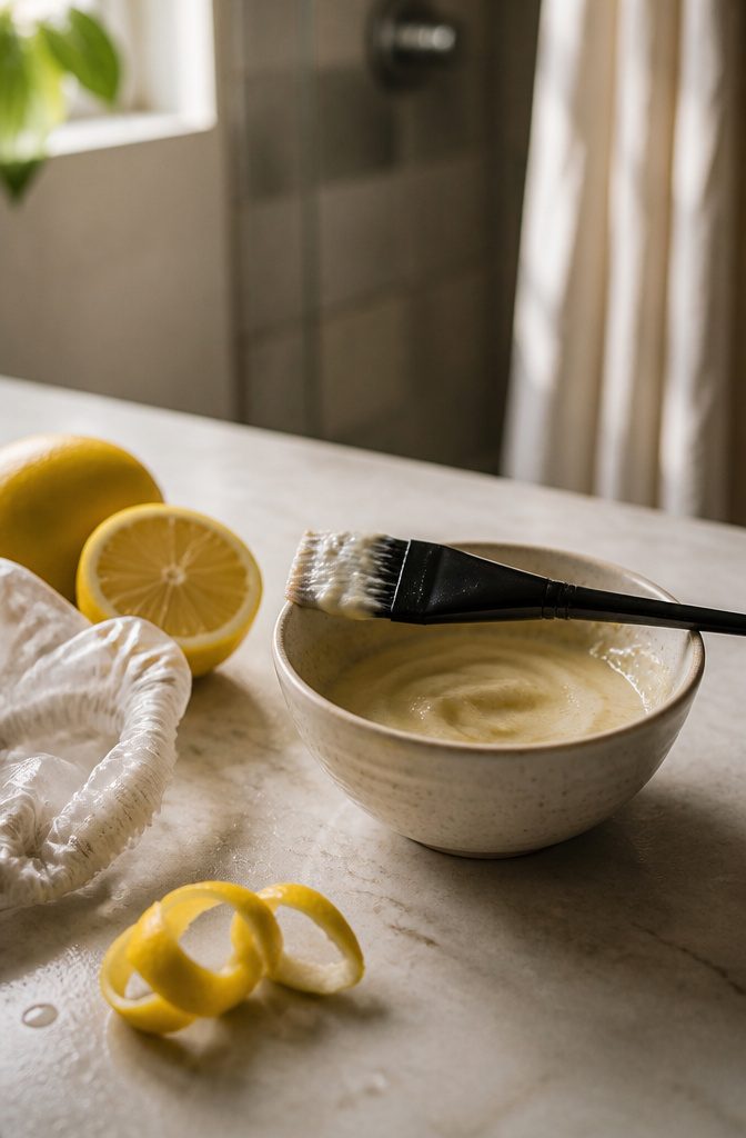 Lemon juice mixed with conditioner beside strands coated with the treatment