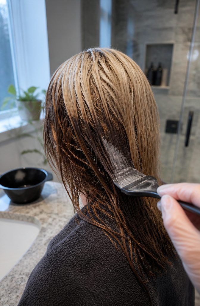 Tint brush applying removal treatment to a darker section of hair