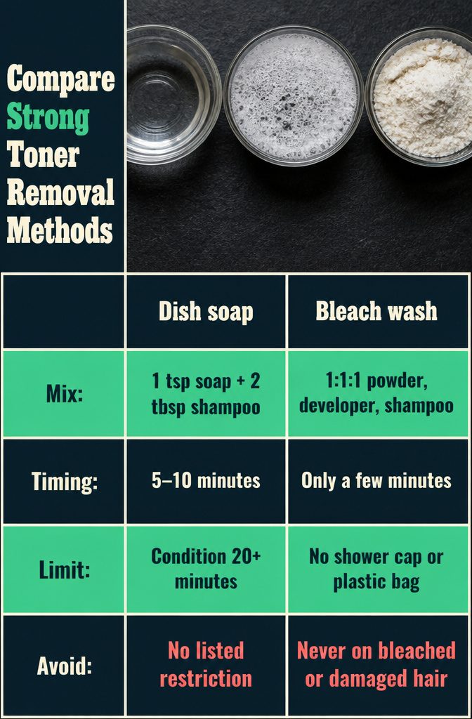 Dish soap hydrogen peroxide and bleach wash supplies arranged for comparison