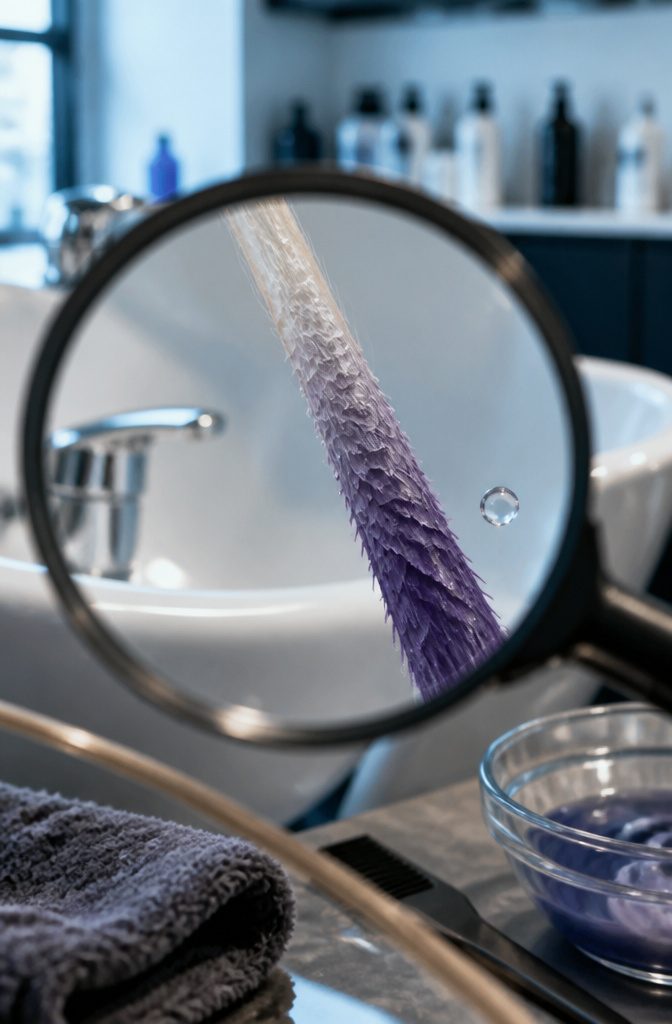 Hair showing gray violet ends beside lighter roots under indoor light
