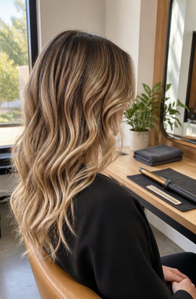 Beach waves with light beige and caramel highlights on brown hair