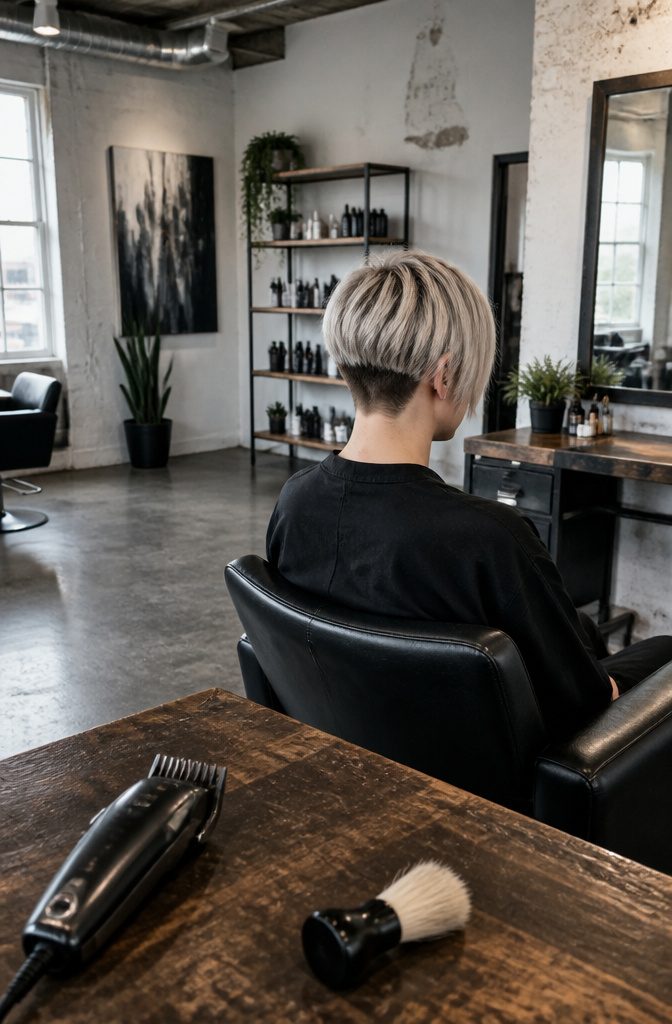 Short bixie with icy blonde crown and dark undercut nape