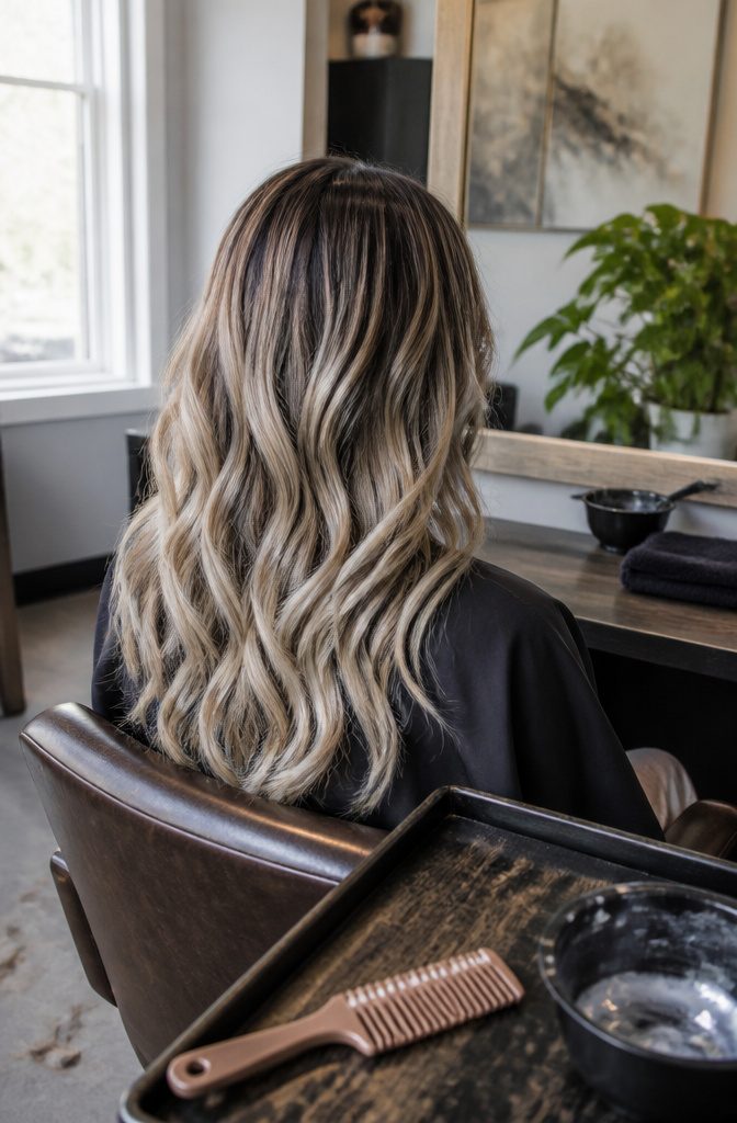Fine brown hair with cool ash bronde highlights and soft waves