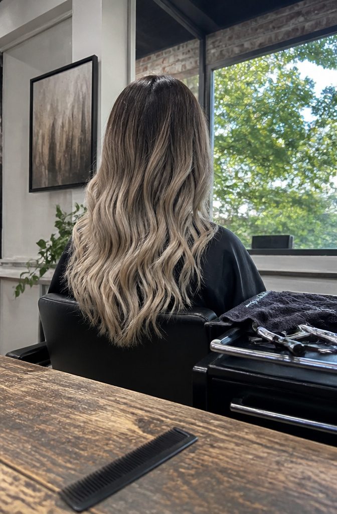 Hair with a long dark root band fading into blonde lengths
