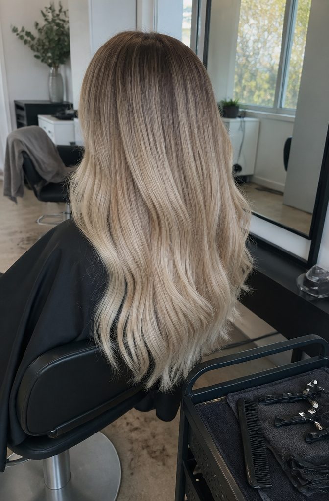 Dark roots fading through beige midlengths into icy blonde ends