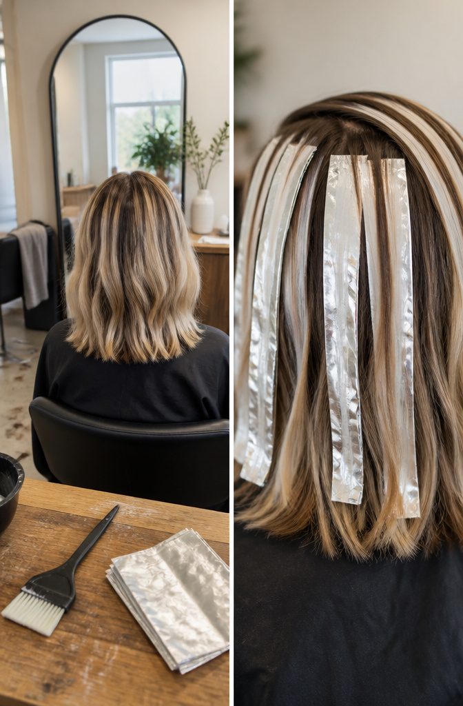 Medium-length bronde hair with blonde ribbons and darker lowlights