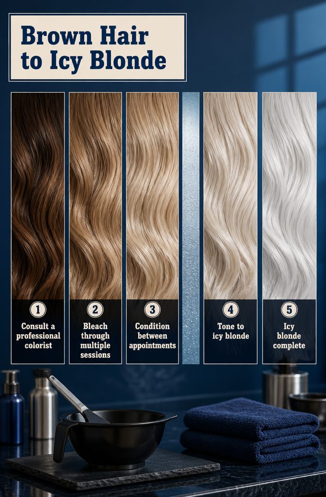 Brown hair transitioning through blonde stages to icy pale ends