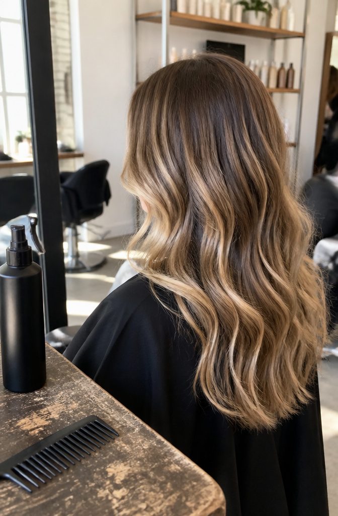 Tousled brown waves threaded with warm creamy blonde highlights