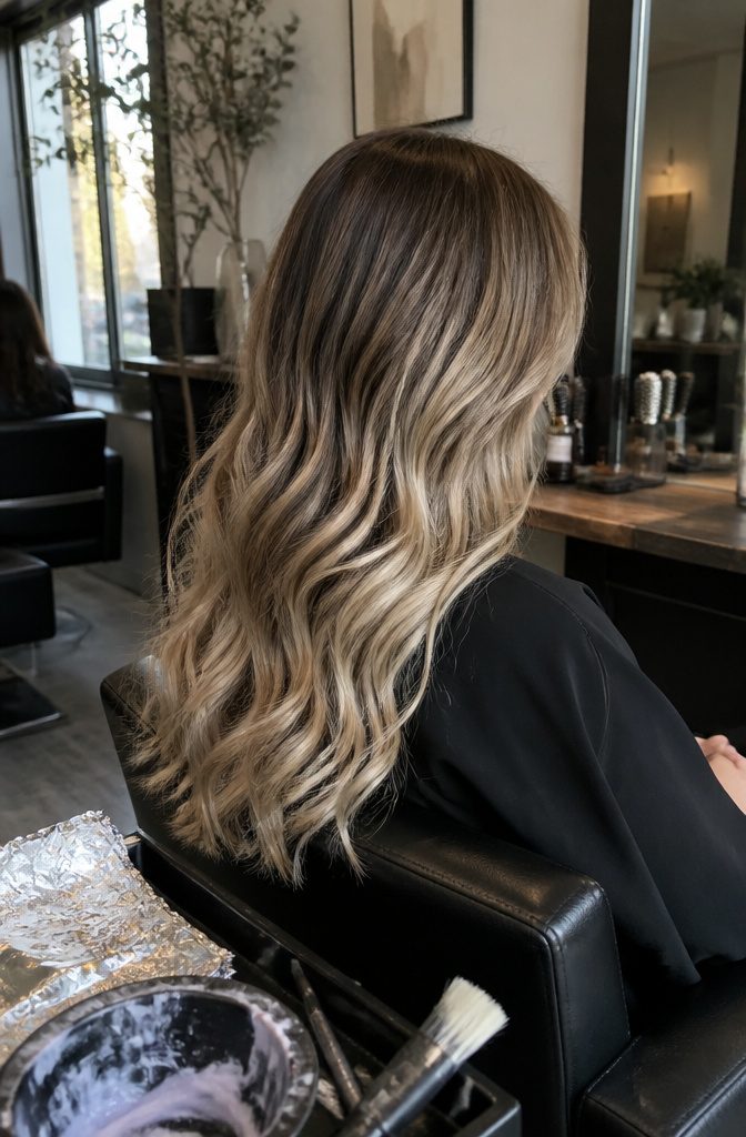 Long brown hair with blended vanilla and honey balayage highlights