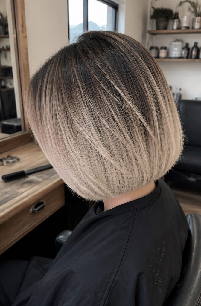 Jaw-length bob with brunette roots fading into pale platinum ends