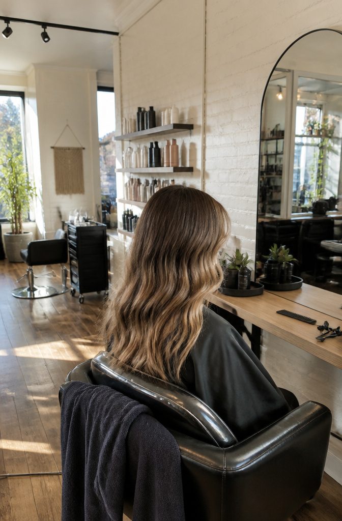 Brown hair with beige and caramel highlights framing the face
