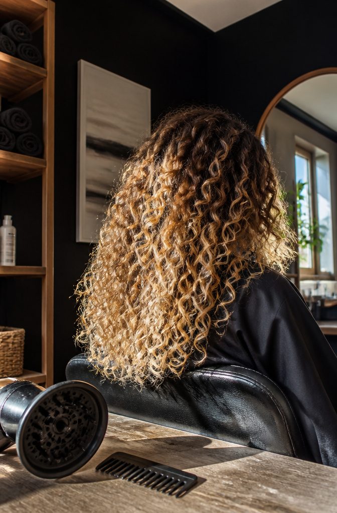 Curly hair with chocolate roots fading into honey and butter blonde