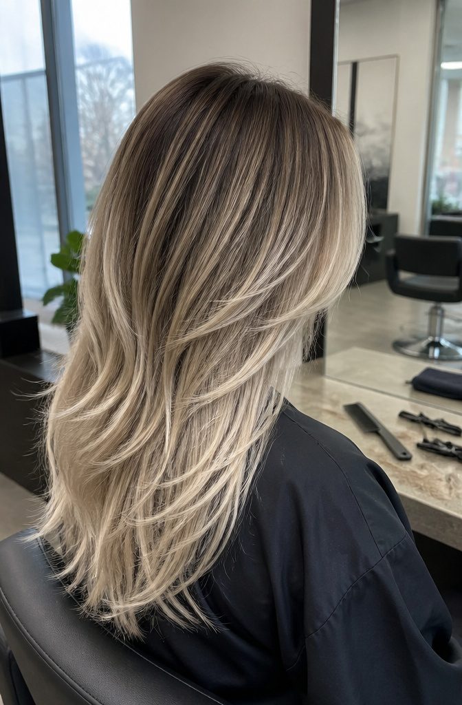 Face-framing cool beige highlights on dark-rooted brown hair