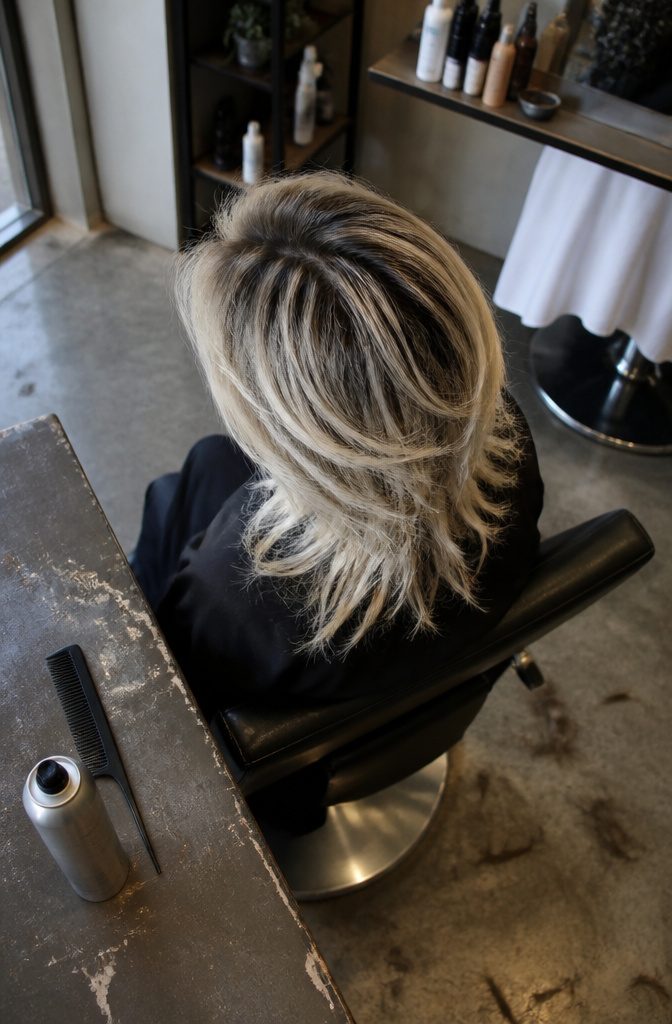 Textured shag with dark roots and pale blonde ends