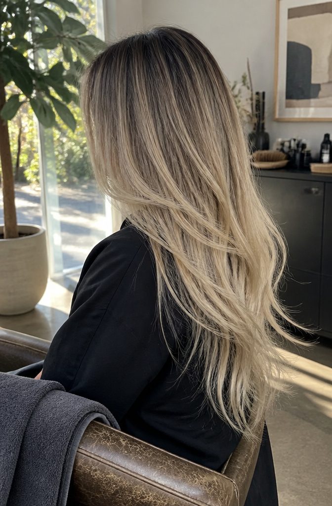 Long layered blonde hair with dark roots and beige honey tones