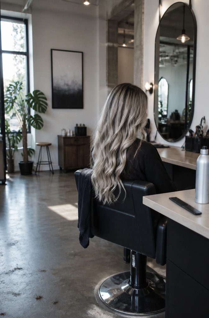Long hair with dark roots and underlayers framing lighter blonde sections
