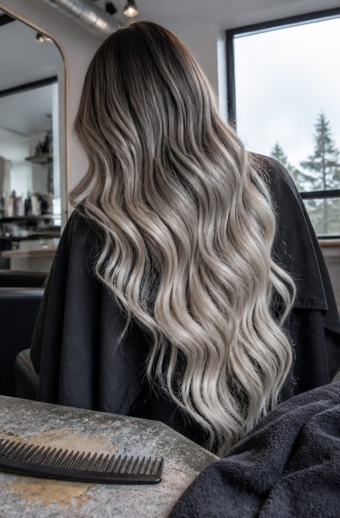 Long wavy hair with brunette roots and smoky icy ash ends