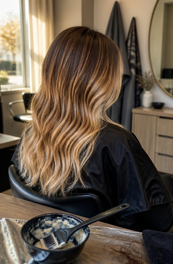 Long hair with dark roots and caramel face-framing balayage