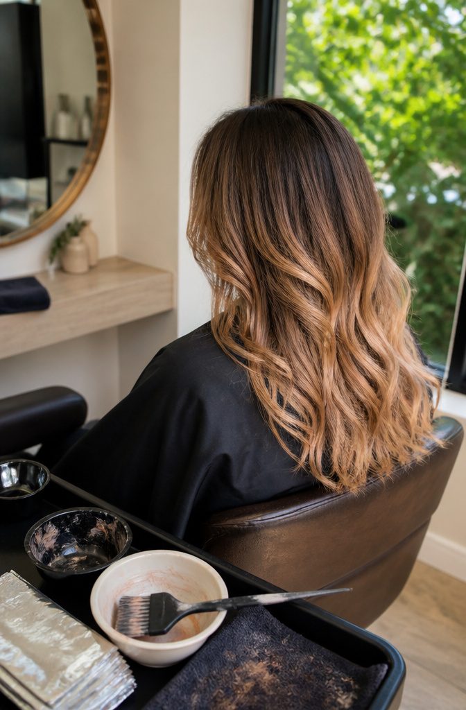 Wavy dark brown hair with blended peach and apricot blonde tones