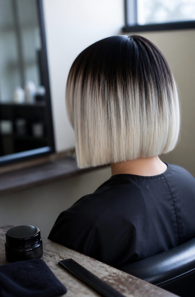 Bob with black roots and bright platinum blonde ends