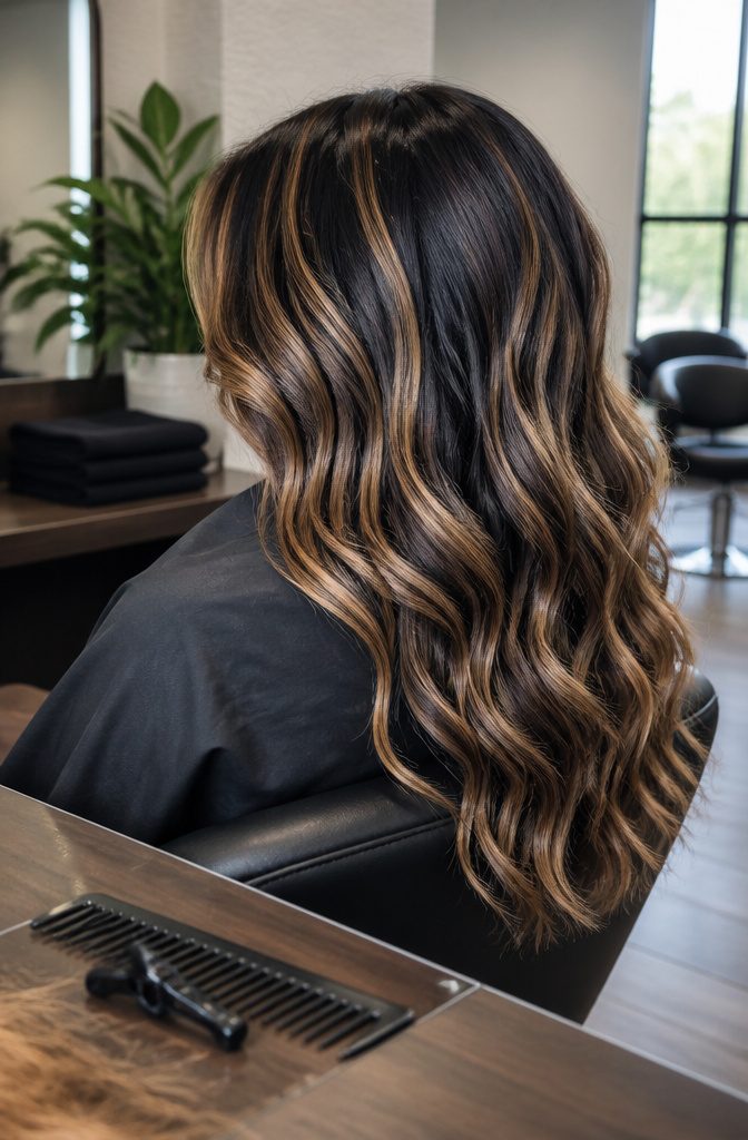 Black hair with warm sandy blonde balayage ribbons through the lengths