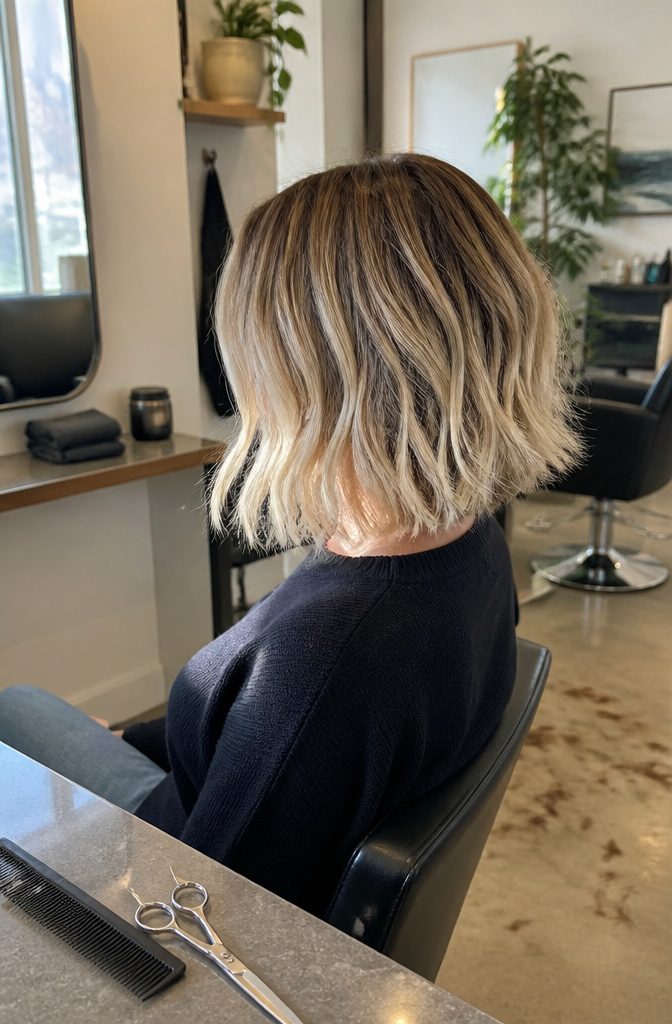 Shoulder-length bob with dark roots and choppy butter blonde ends