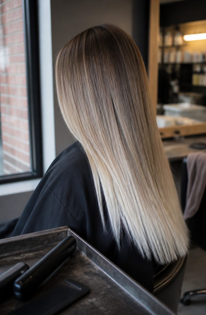 Sleek blonde hair with dark roots and bright white blonde tips