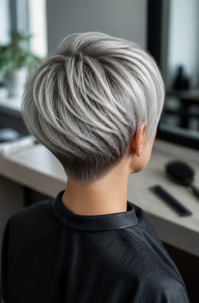 Short stacked crop with silver platinum highlights and tapered dark nape