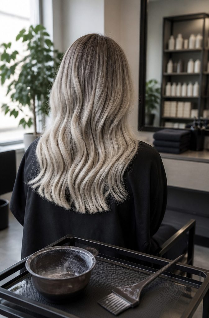 Cool silver highlights blended over taupe roots and brown hair