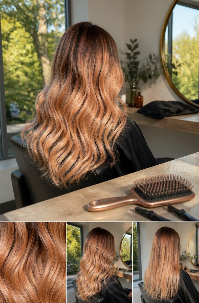 Wavy blonde hair with dark roots and strawberry peach tones