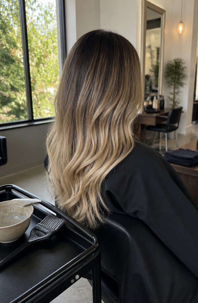 Dark-rooted hair with gradual warm blonde ribbons through the lengths